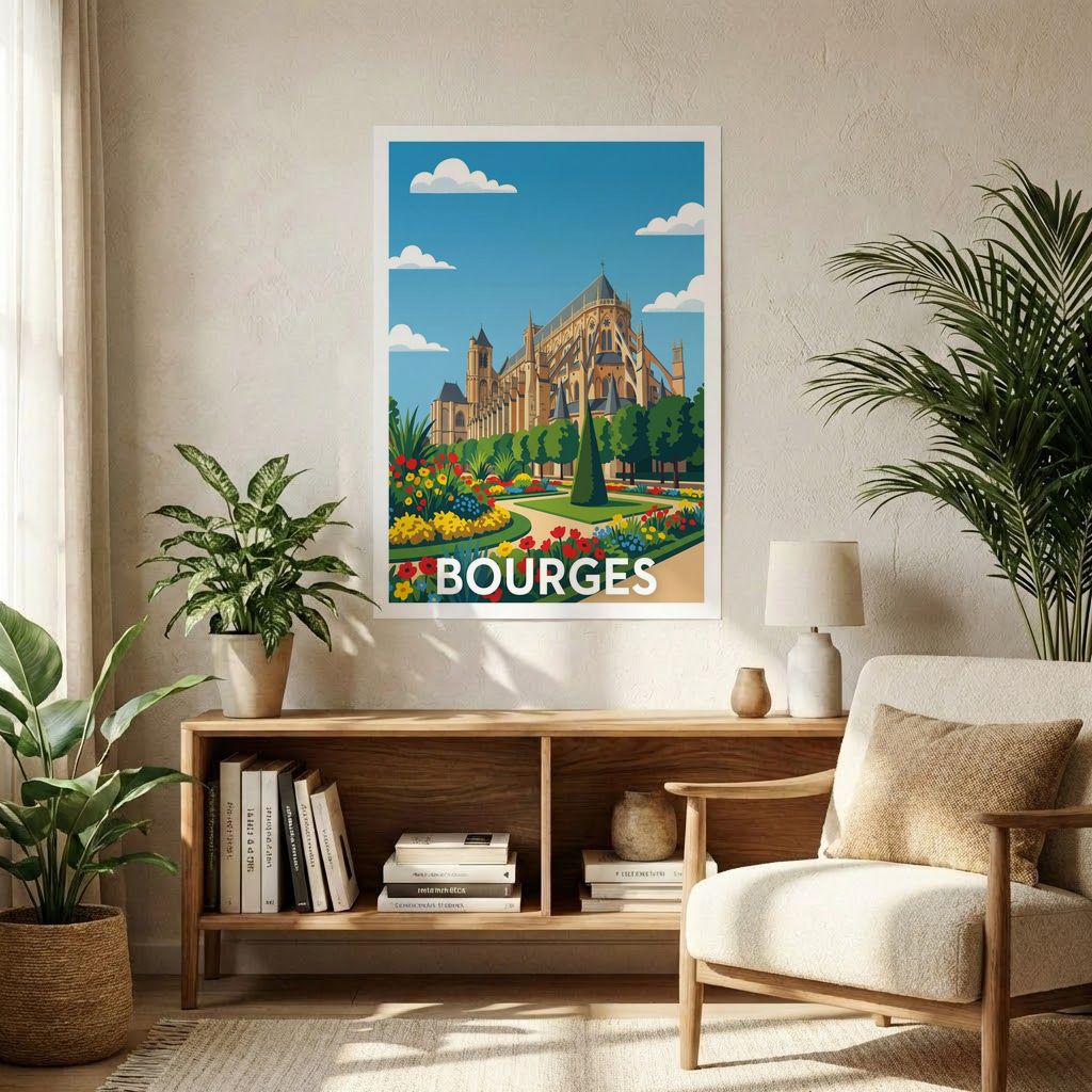 Poster souvenir de la ville de Bourges avec une illustration stylisée de sa cathédrale et de ses jardins.