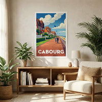 Poster souvenir de la ville de Cabourg avec une illustration stylisée de son front de mer.