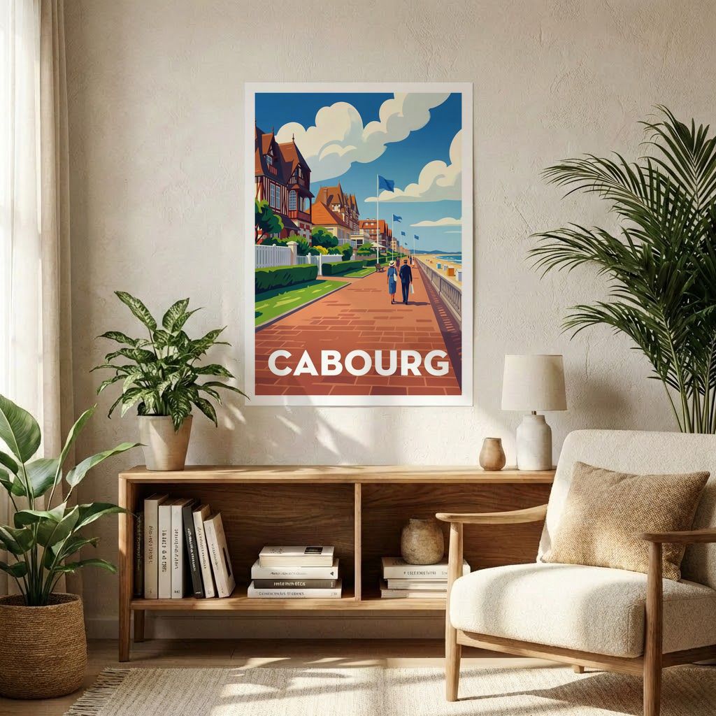 Poster souvenir de la ville de Cabourg avec une illustration stylisée de son front de mer.