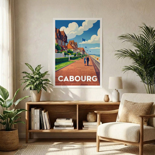 Poster souvenir de la ville de Cabourg avec une illustration stylisée de son front de mer.
