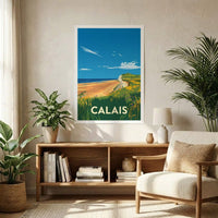 Affiche souvenir de la ville de Calais avec une illustration stylisée d'un paysage côtier.