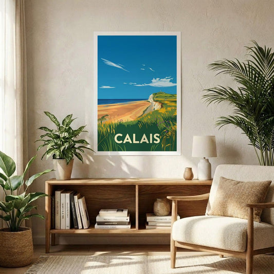 Affiche souvenir de la ville de Calais avec une illustration stylisée d'un paysage côtier.