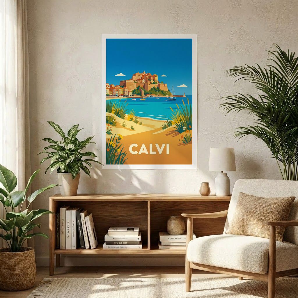 Poster souvenir de la ville de Calvi avec une illustration stylisée de son paysage côtier et de sa citadelle.