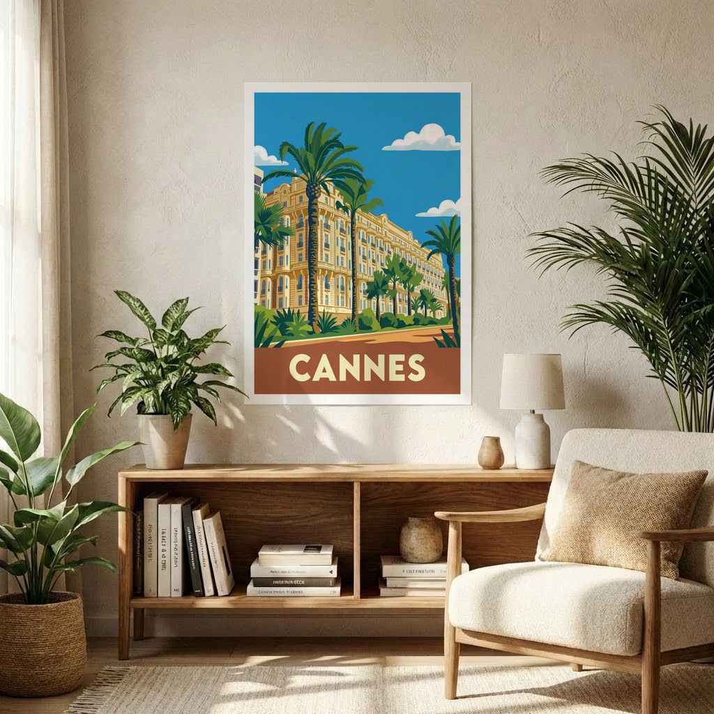 Affiche souvenir de la ville de Cannes avec une illustration stylisée d'un palace et de palmiers.