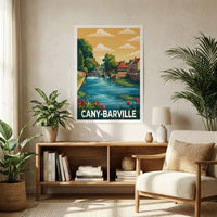 Affiche souvenir de la ville de Cany-Barville avec une illustration paysagère stylisée.