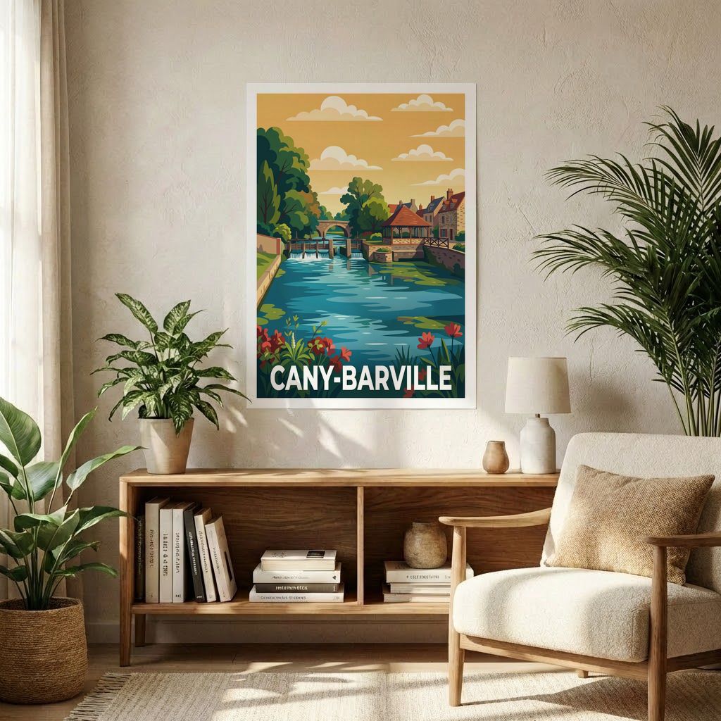 Affiche souvenir de la ville de Cany-Barville avec une illustration paysagère stylisée.