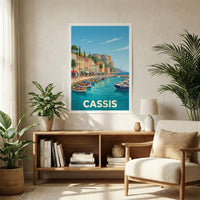 Poster souvenir de la ville de Cassis avec une illustration stylisée de son port coloré.