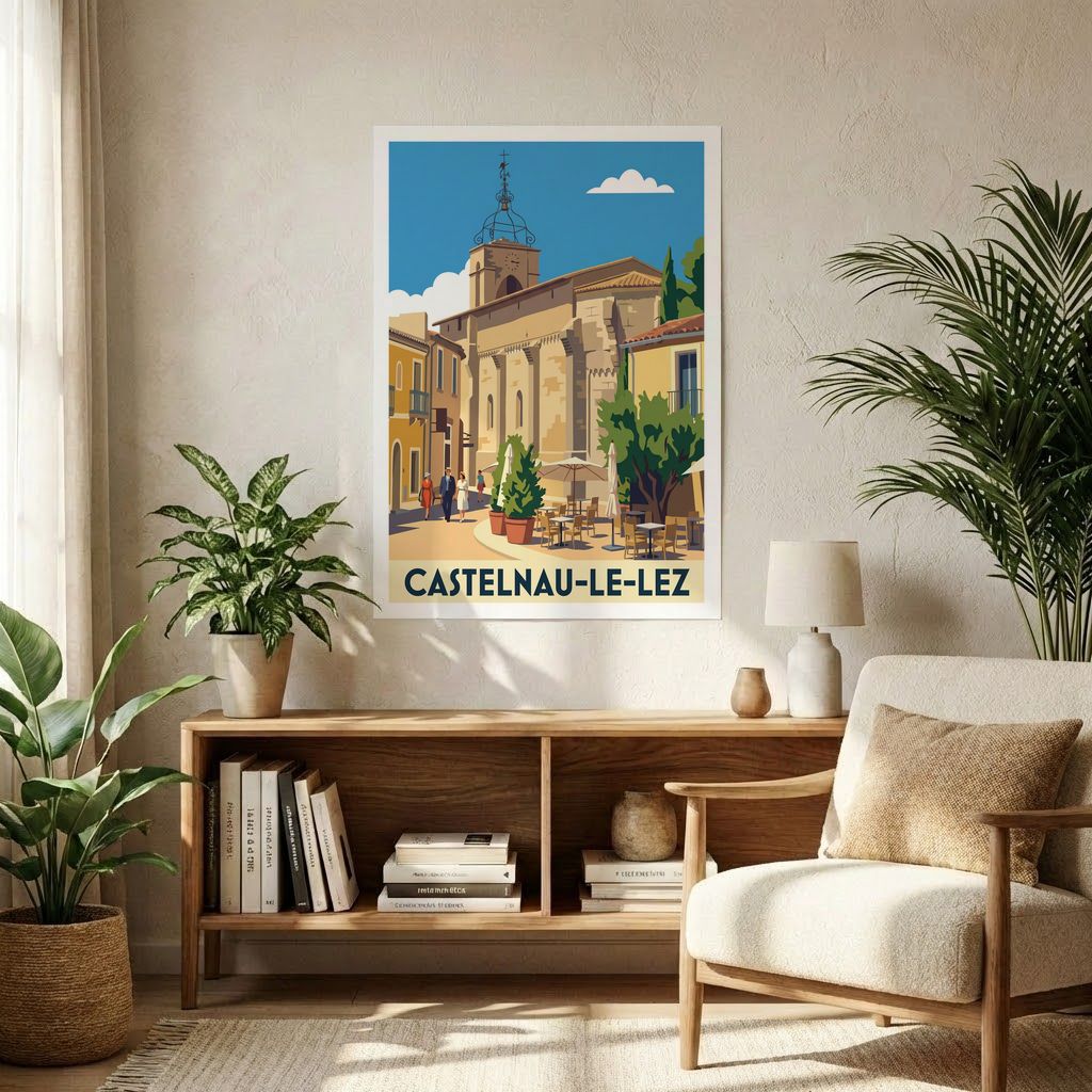 Affiche souvenir de la ville de Castelnau-le-Lez avec une illustration stylisée.