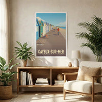 Poster souvenir de la ville de Cayeux-sur-Mer avec une illustration stylisée de ses cabines de plage et de sa promenade en bois.