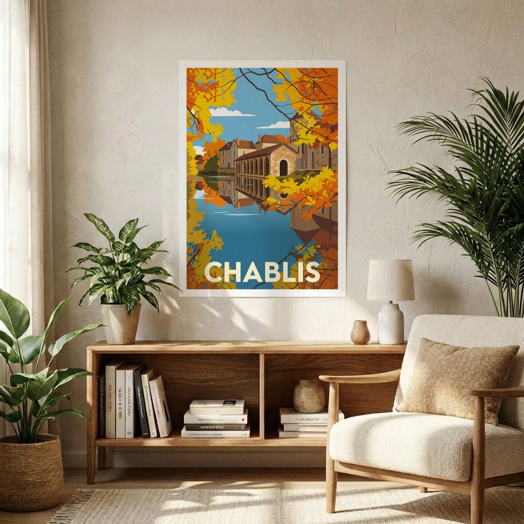 Poster souvenir de la ville de Chablis avec une illustration stylisée de son paysage automnal au bord de l'eau.