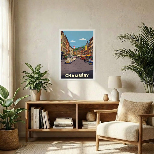 Poster souvenir de la ville de Chambéry avec une illustration stylisée d'une rue du centre-ville.