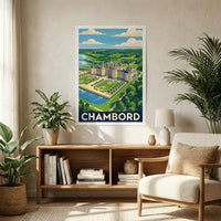 Poster de la ville de Chambord avec une illustration stylisée du château et de ses jardins.