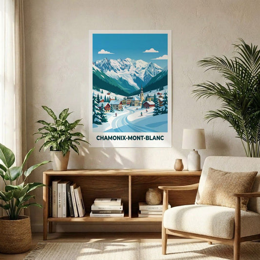 Affiche souvenir de la ville de Chamonix-Mont-Blanc avec une illustration stylisée d'un paysage de montagne enneigé.