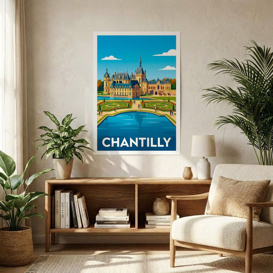 Poster souvenir de la ville de Chantilly avec une illustration stylisée de son château et de ses jardins.