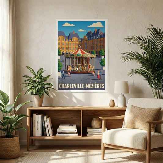 Poster souvenir de la ville de Charleville-Mézières avec une illustration stylisée d’un manège ancien sur une place historique.