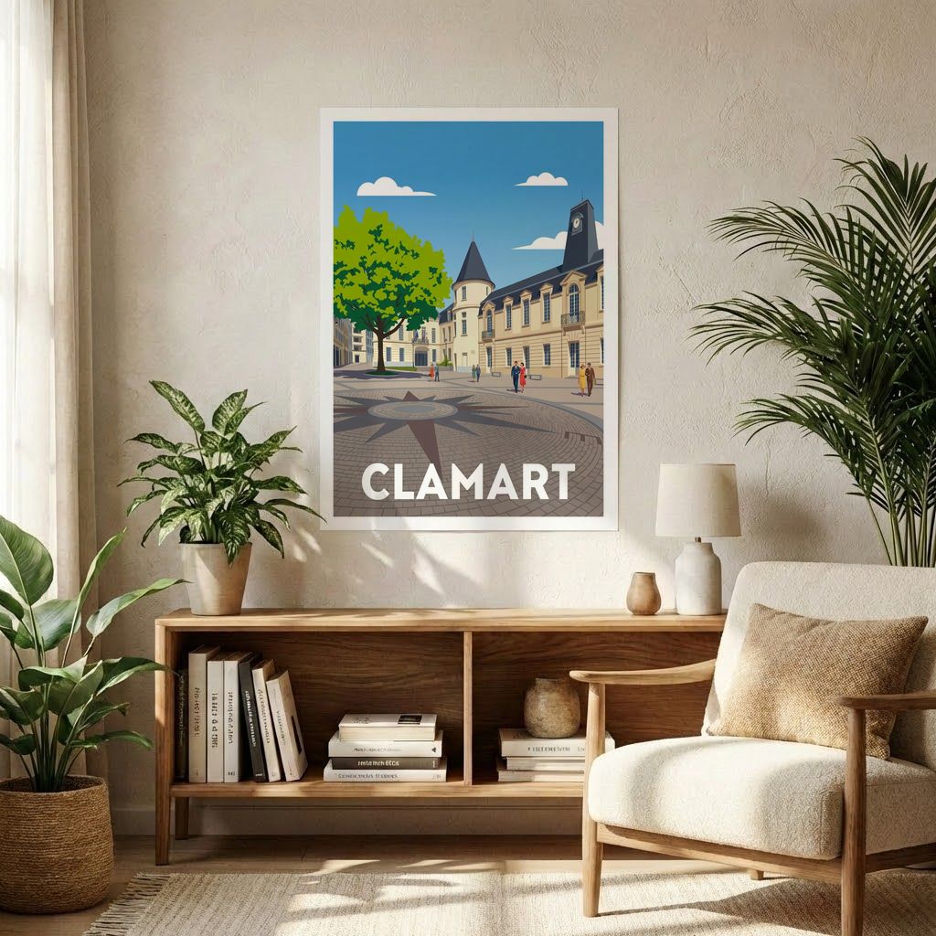 Poster souvenir de la ville de Clamart avec une illustration stylisée d'une place emblématique.