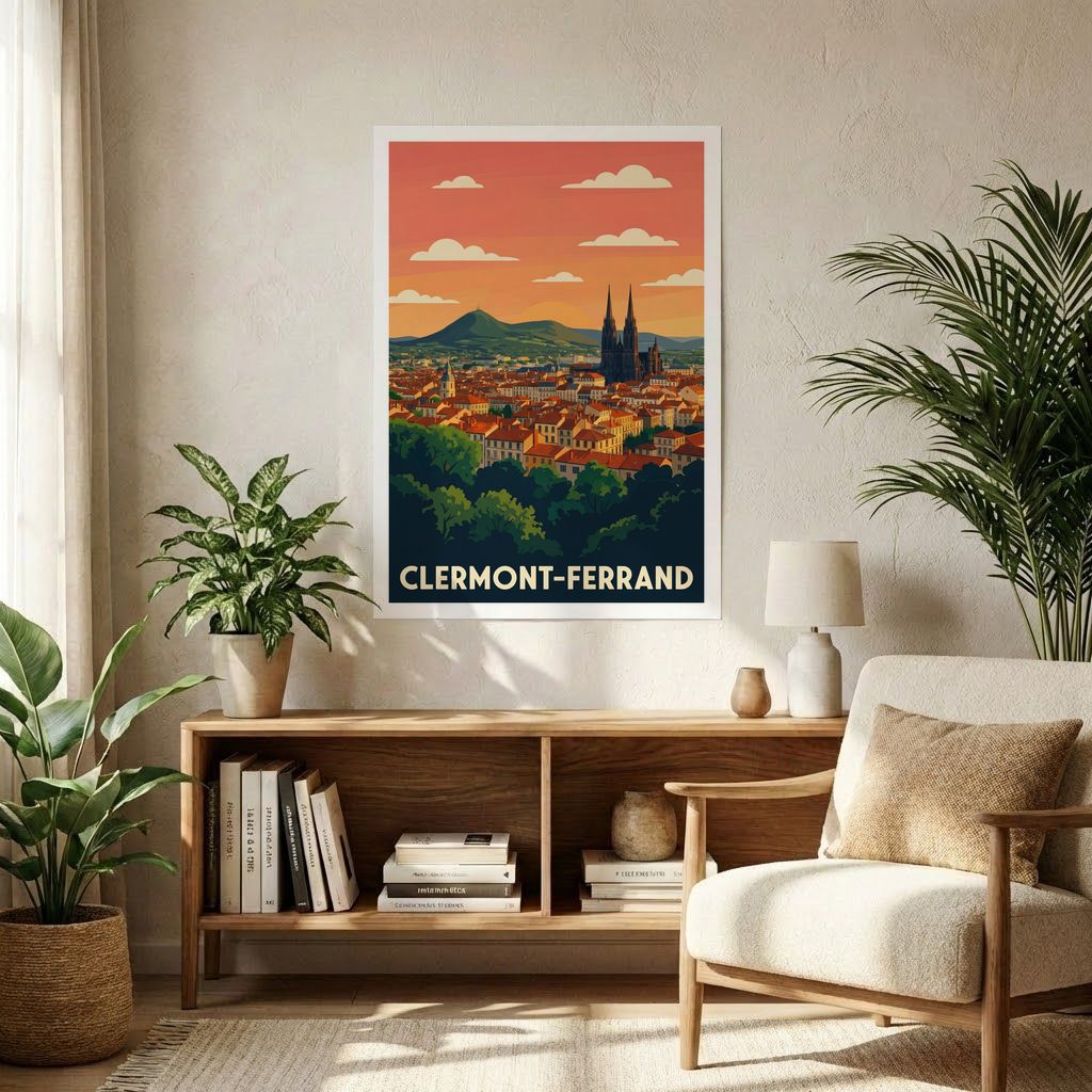 Affiche souvenir de la ville de Clermont-Ferrand avec une illustration stylisée de son paysage urbain et des montagnes au coucher du soleil.