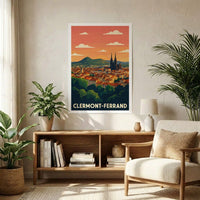 Affiche souvenir de la ville de Clermont-Ferrand avec une illustration stylisée de son paysage urbain et des montagnes au coucher du soleil.