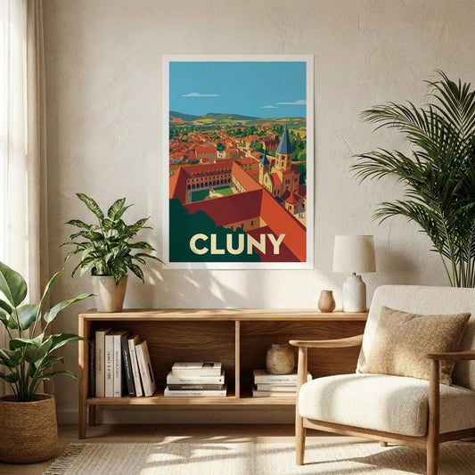 Affiche souvenir de la ville de Cluny avec une illustration stylisée de son abbaye et de son paysage urbain.