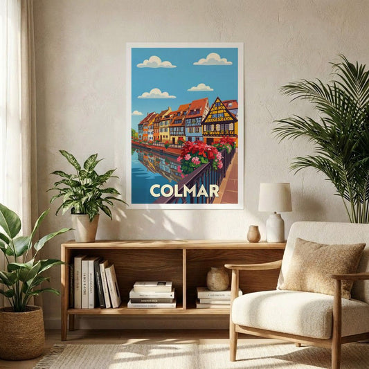 Affiche souvenir de la ville de Colmar avec une illustration stylisée.