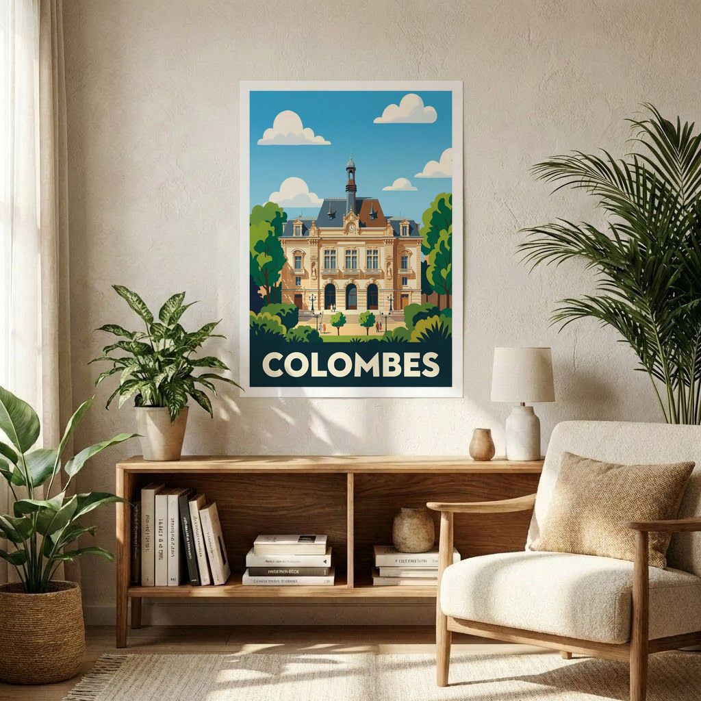 Affiche souvenir de la ville de Colombes avec une illustration stylisée de son hôtel de ville.