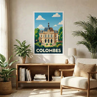 Affiche souvenir de la ville de Colombes avec une illustration stylisée de son hôtel de ville.