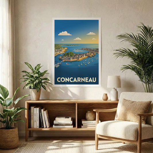 Poster souvenir de la ville de Concarneau avec une illustration stylisée.