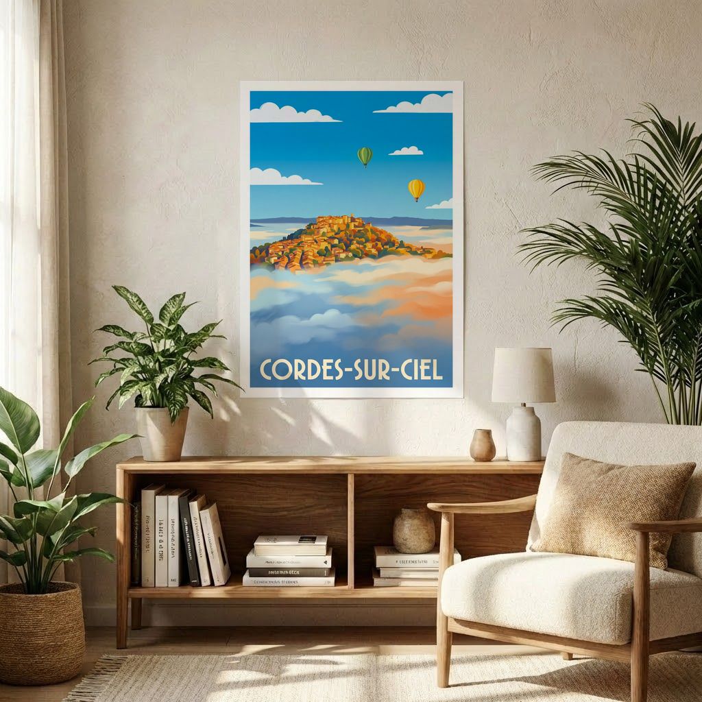 Affiche souvenir de la ville de Cordes-sur-Ciel avec une illustration stylisée du village émergeant d'une mer de nuages.