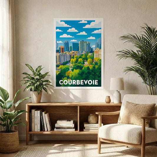 Poster souvenir de la ville de Courbevoie avec une illustration stylisée de son panorama urbain et de ses espaces verts.