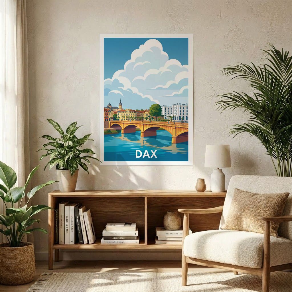 Poster souvenir de la ville de Dax avec une illustration stylisée de son pont.