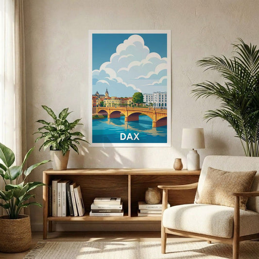 Poster souvenir de la ville de Dax avec une illustration stylisée de son pont.