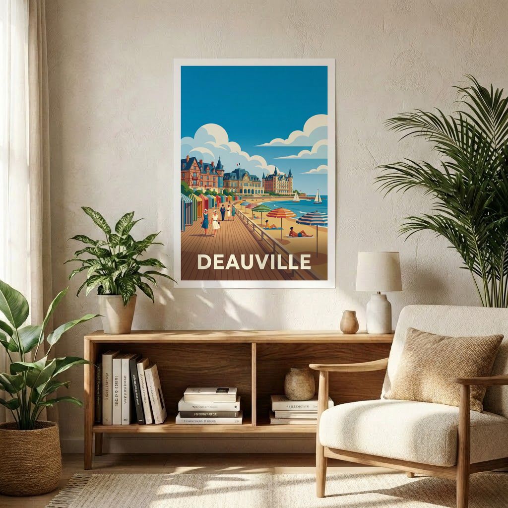 Poster souvenir de la ville de Deauville avec une illustration stylisée de son front de mer emblématique.