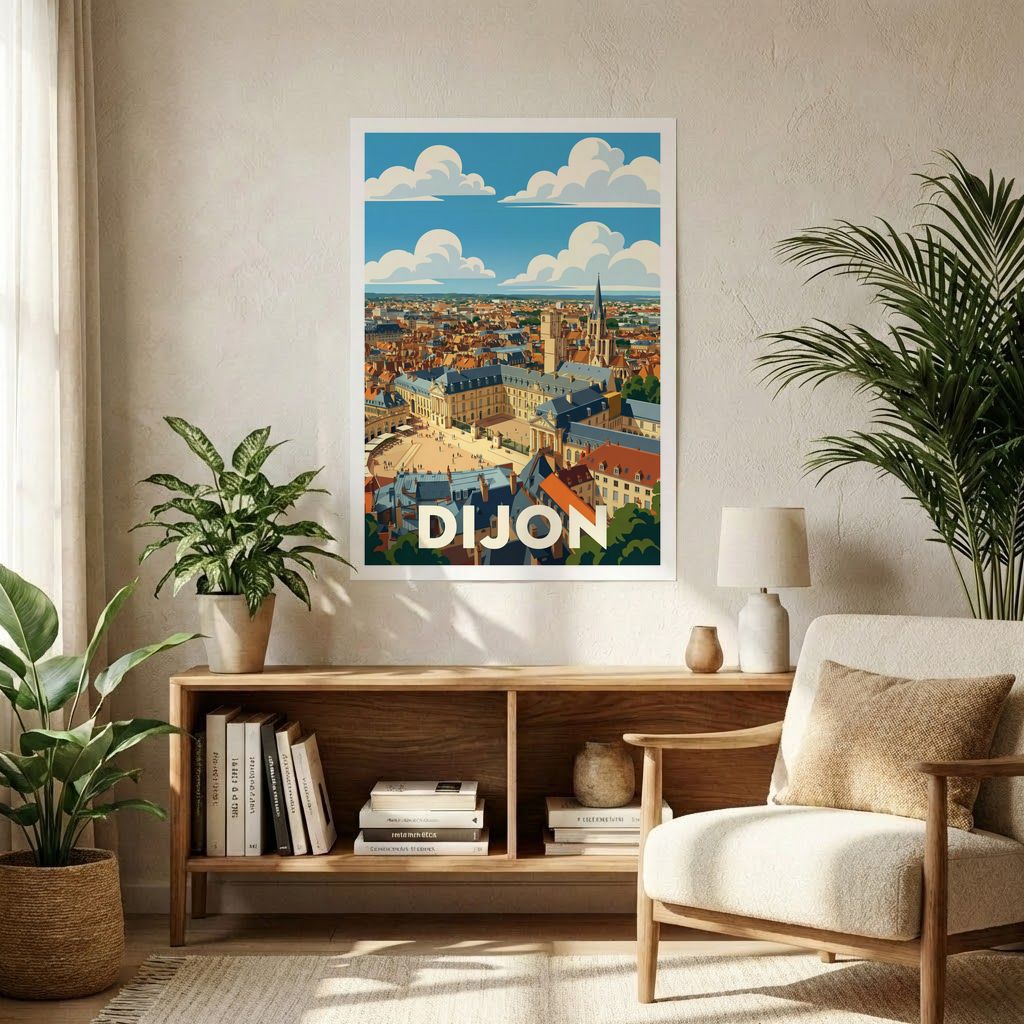 Poster souvenir de la ville de Dijon avec une illustration stylisée de son centre historique.
