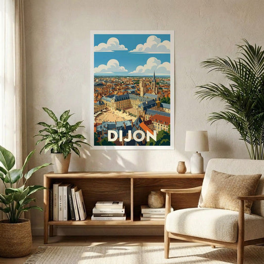 Poster souvenir de la ville de Dijon avec une illustration stylisée de son centre historique.