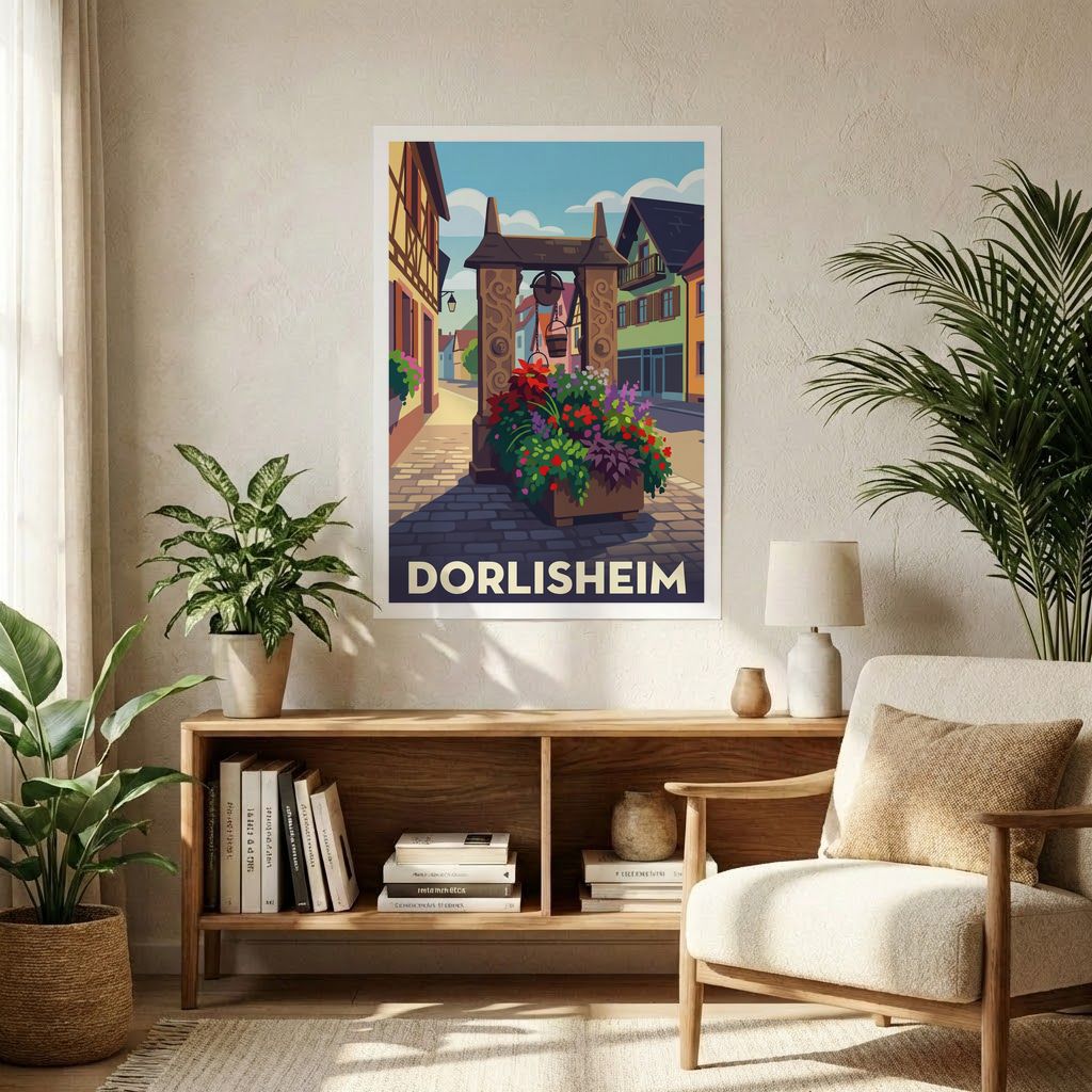 Affiche souvenir de la ville de Dorlisheim avec une illustration stylisée.