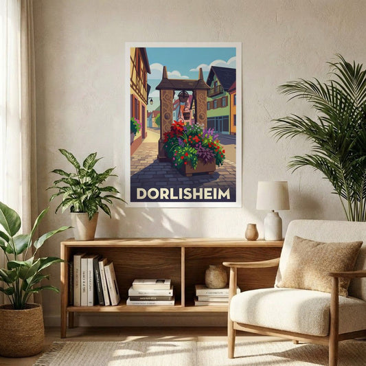 Affiche souvenir de la ville de Dorlisheim avec une illustration stylisée.
