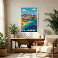 Poster souvenir de la ville de Douarnenez avec une illustration stylisée.