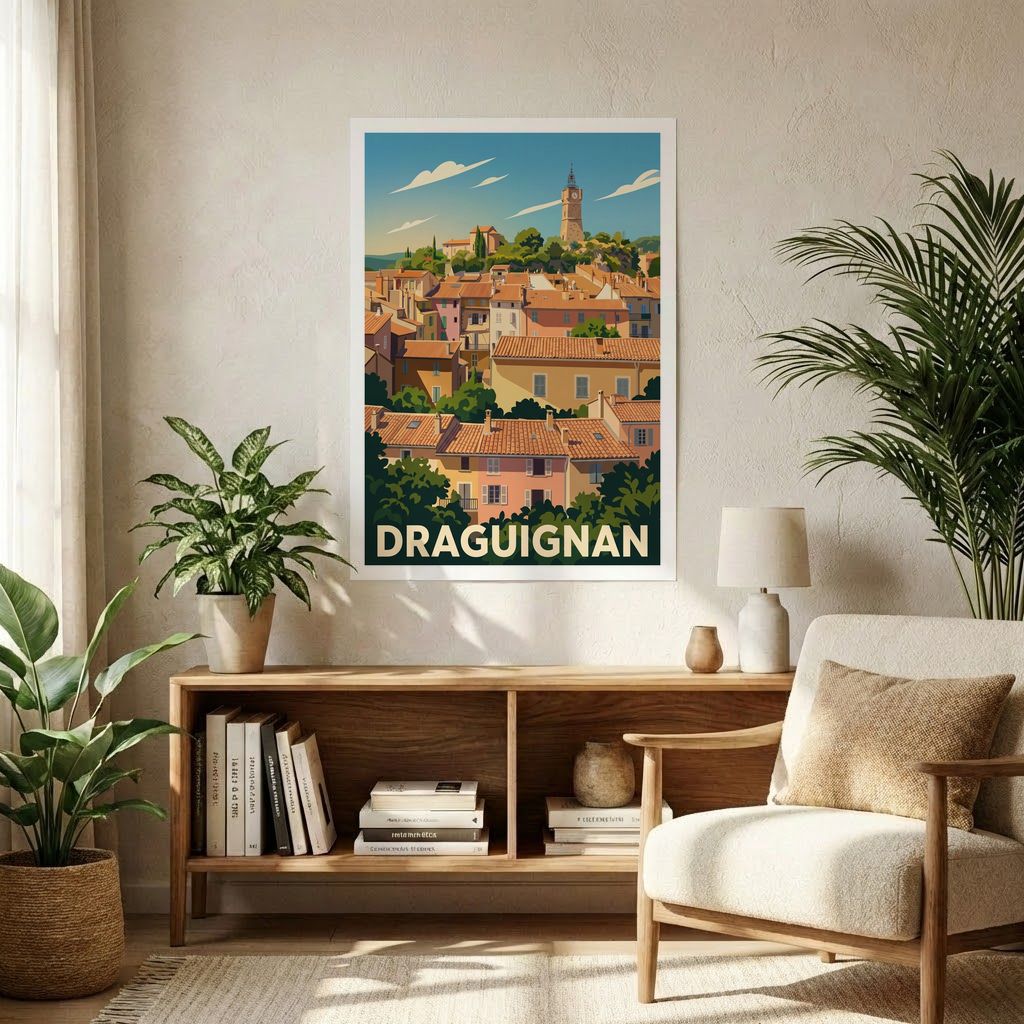 Poster souvenir de la ville de Draguignan avec une illustration stylisée de ses maisons et de sa tour.