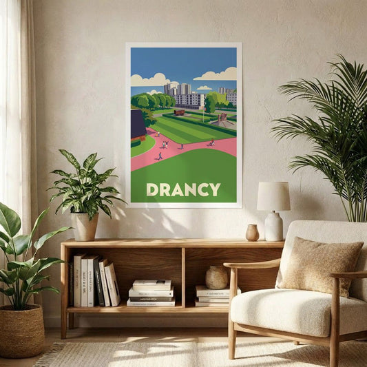 Poster souvenir de la ville de Drancy avec une illustration stylisée.