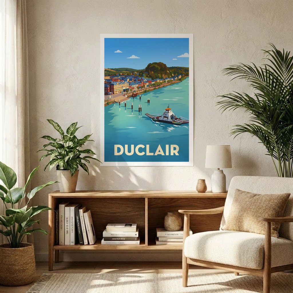Affiche souvenir de la ville de Duclair avec une illustration stylisée représentant un bac sur la Seine et ses quais colorés.