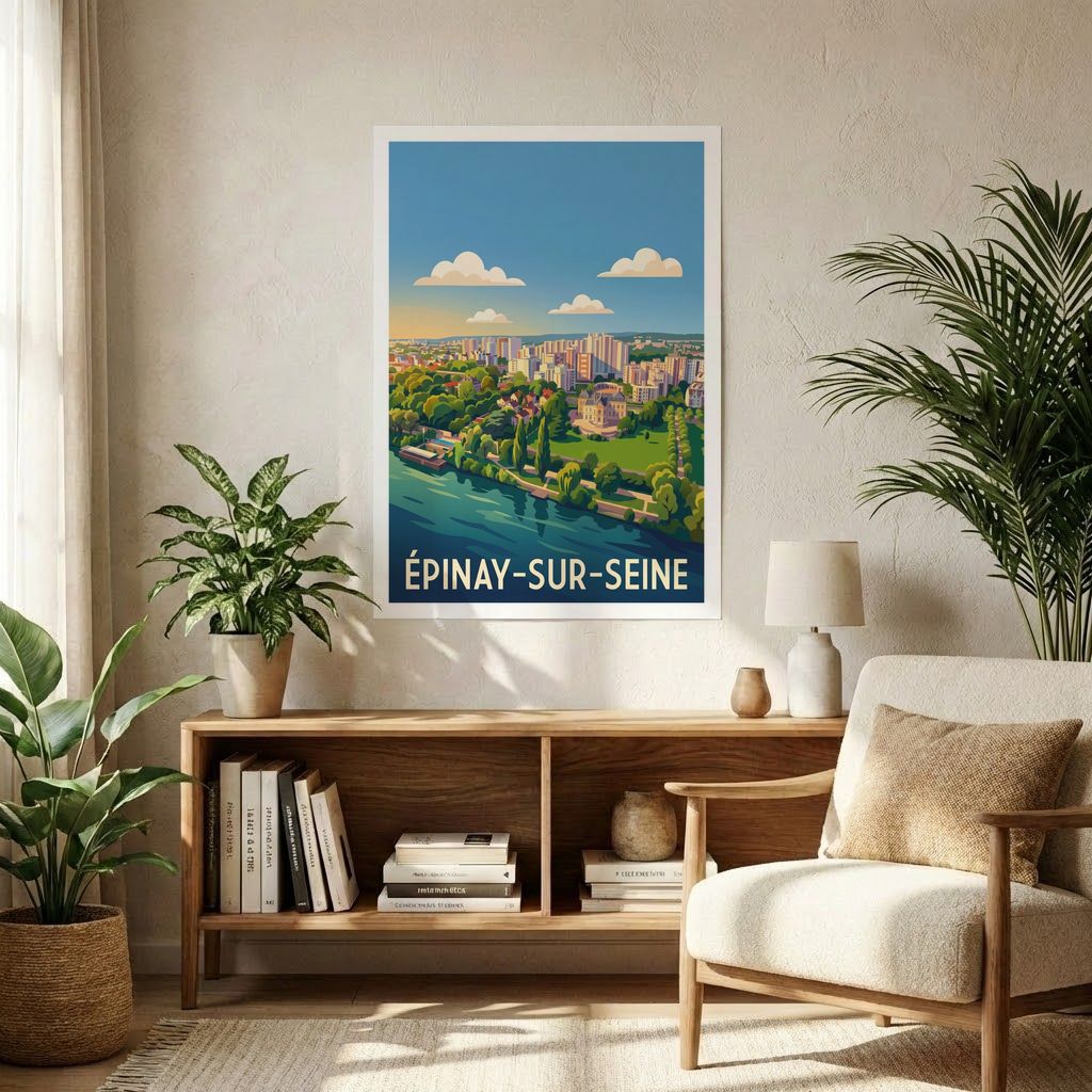 Affiche souvenir de la ville d'Épinay-sur-Seine avec une illustration stylisée des bords de Seine.