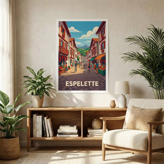 Poster souvenir de la ville d'Espelette avec une illustration stylisée d'une rue typique.