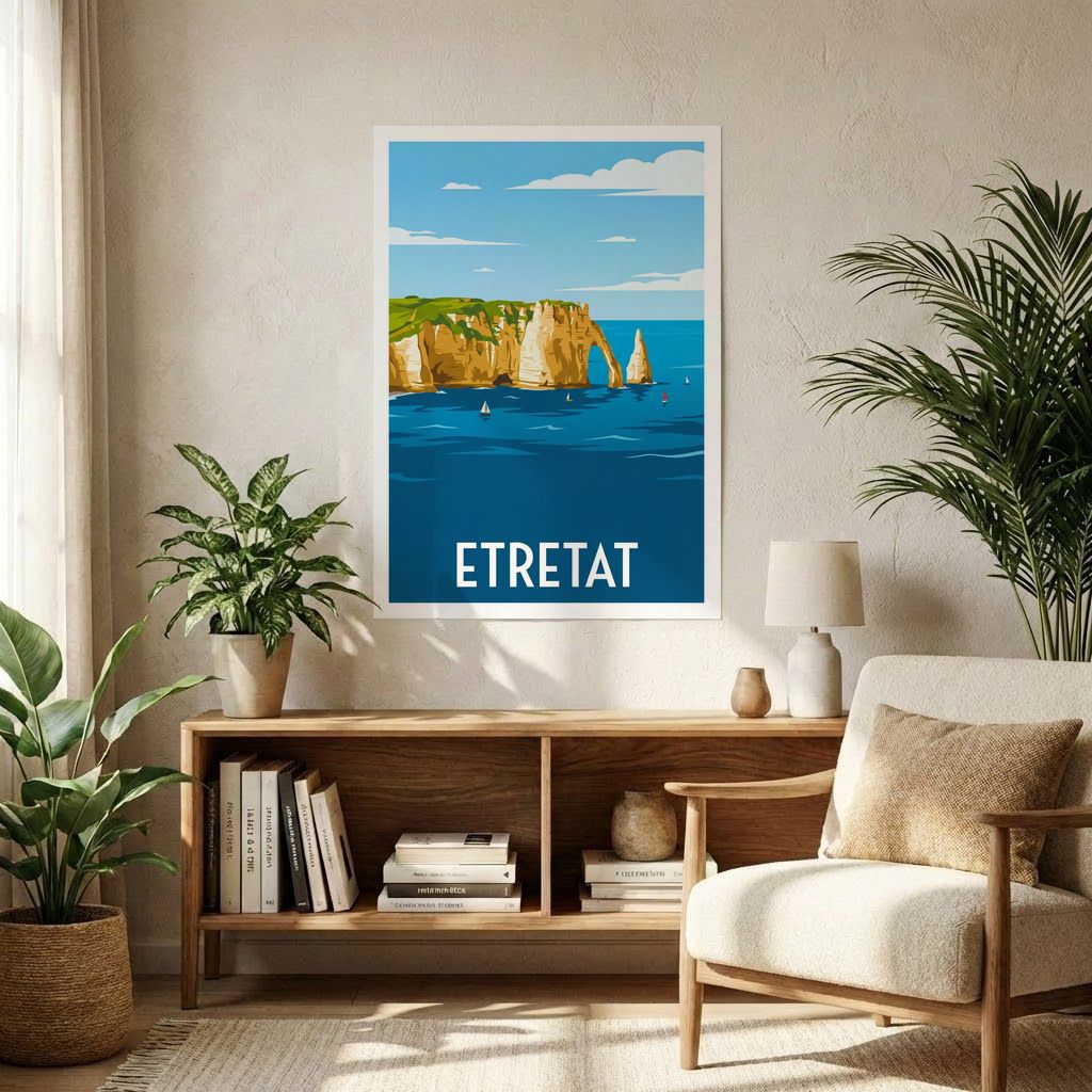 Poster souvenir de la ville d'Étretat avec une illustration stylisée de ses falaises.