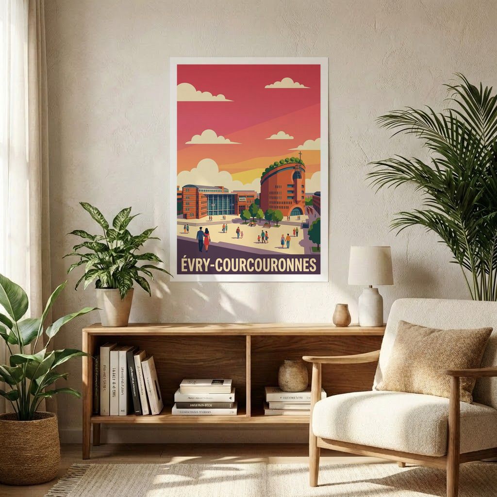 Poster souvenir de la ville de Évry-Courcouronnes avec une illustration stylisée de son paysage urbain.