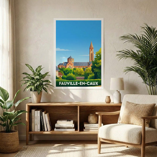 Poster souvenir de la ville de Fauville-en-Caux avec une illustration stylisée.