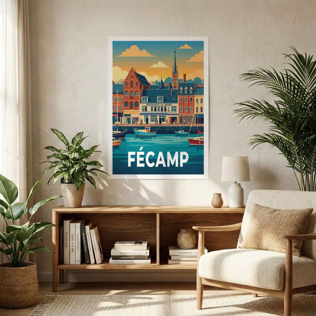 Affiche souvenir de la ville de Fécamp avec une illustration stylisée du port.