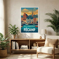 Affiche souvenir de la ville de Fécamp avec une illustration stylisée du port.