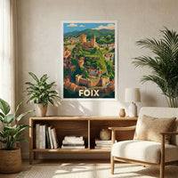 Poster souvenir de la ville de Foix avec une illustration stylisée.