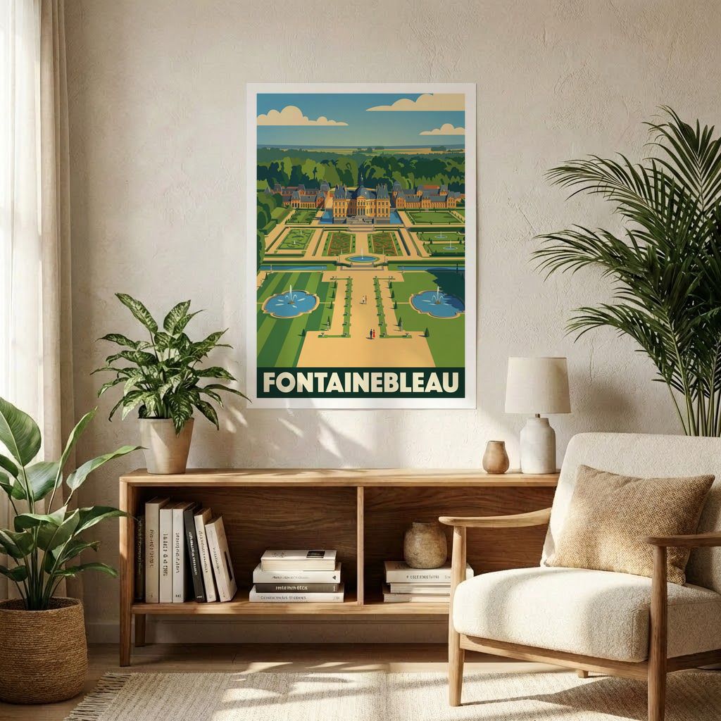 Poster A1 souvenir de la ville de Fontainebleau avec une illustration stylisée de son château et de ses jardins.