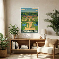 Poster A1 souvenir de la ville de Fontainebleau avec une illustration stylisée de son château et de ses jardins.